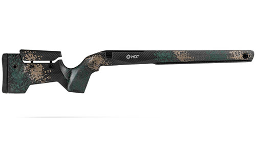 L'MDT CRBN Stock è leggero e resistente, con un design che assorbe le vibrazioni, offre stabilità e comfort, e dispone di slot ARCA e M-LOK per accessori.